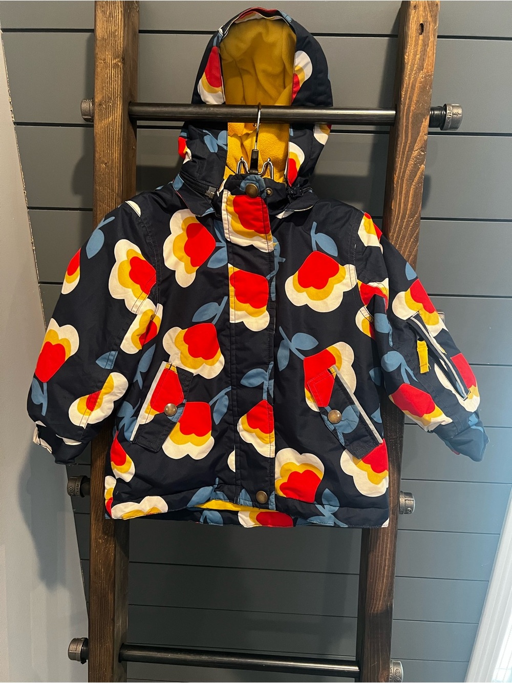 Girls Boden Navy Floral Puffer Jacket - Red & Yellow Flower Print